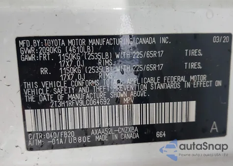 2020 Toyota Rav4 Le из США, поврежденный, VIN 2T3H1RFV9LC064692